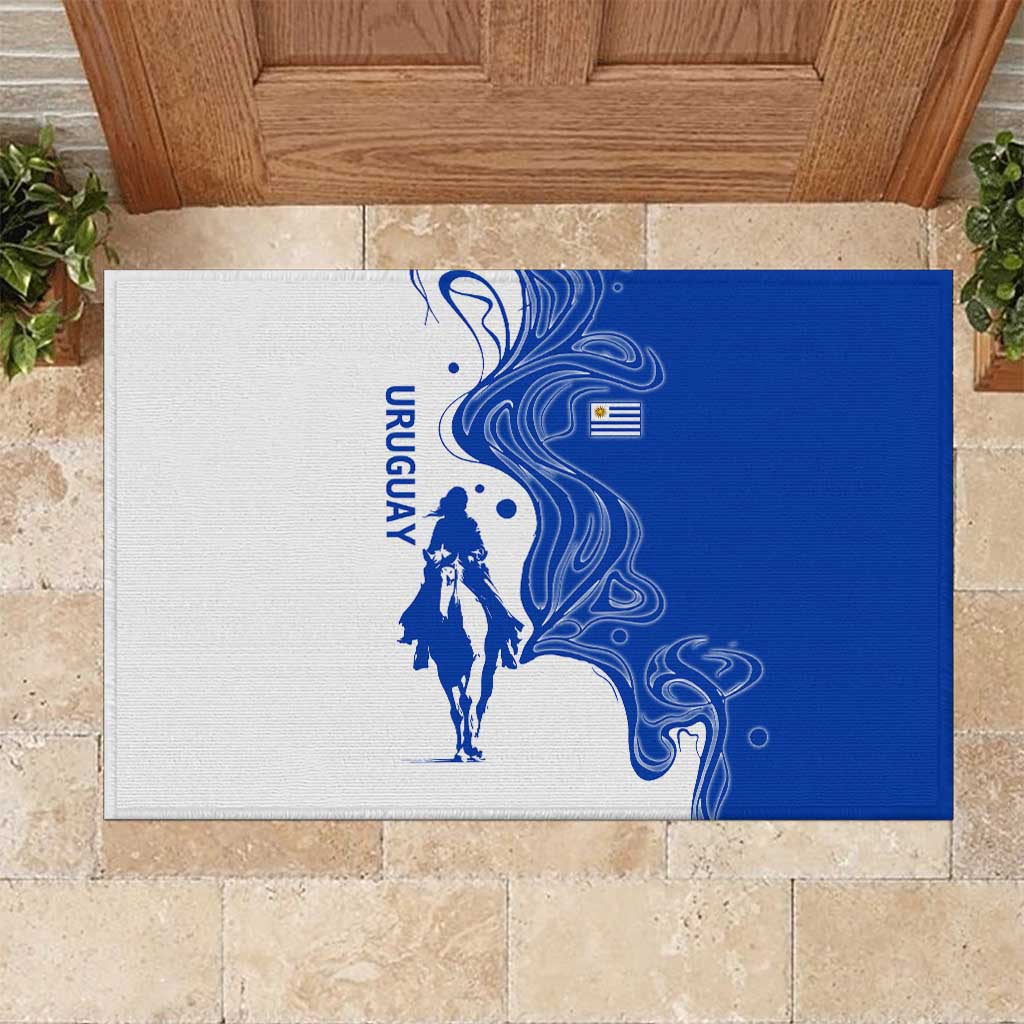 Uruguay Rubber Doormat with Gaucho Rider Illustration Blue White Swirl - Wonder Print Shop