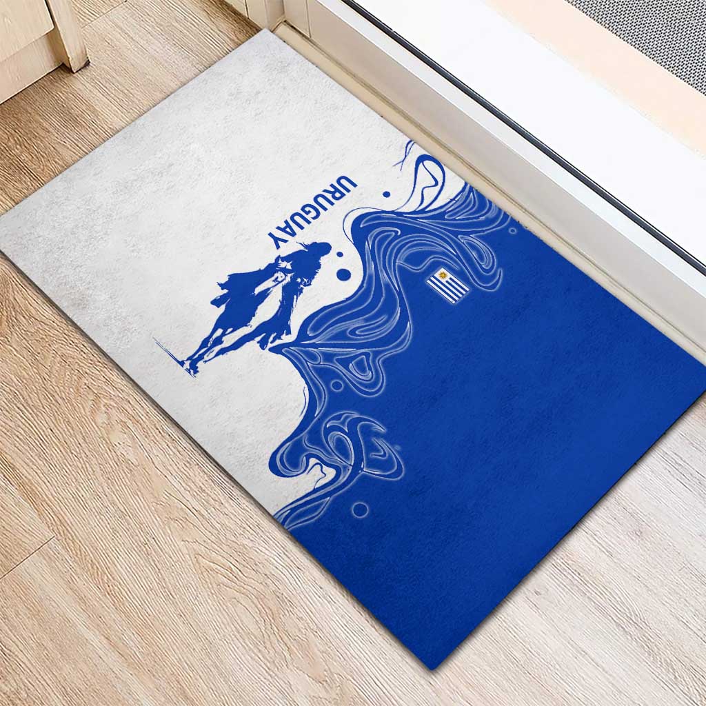Uruguay Rubber Doormat with Gaucho Rider Illustration Blue White Swirl - Wonder Print Shop