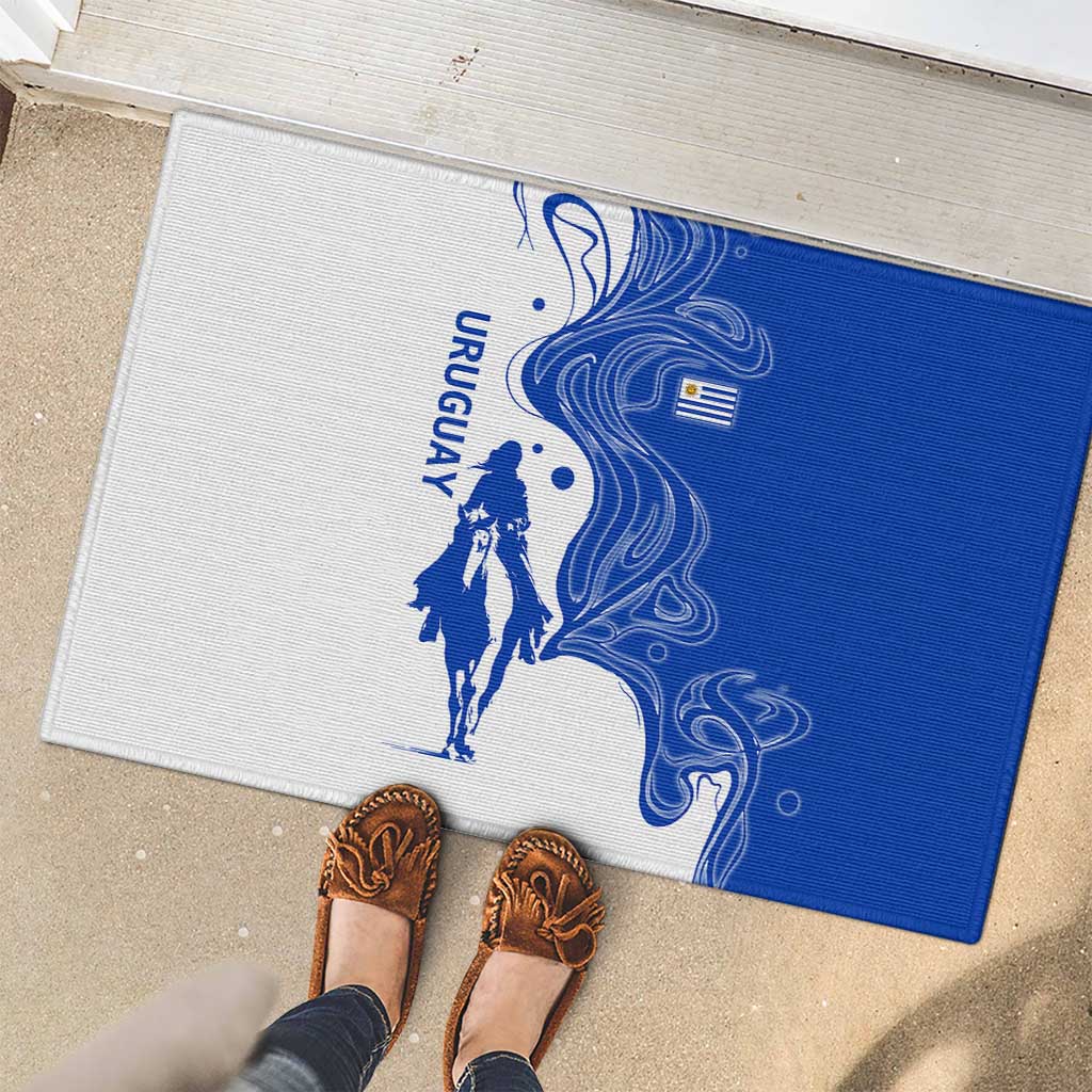 Uruguay Rubber Doormat with Gaucho Rider Illustration Blue White Swirl - Wonder Print Shop