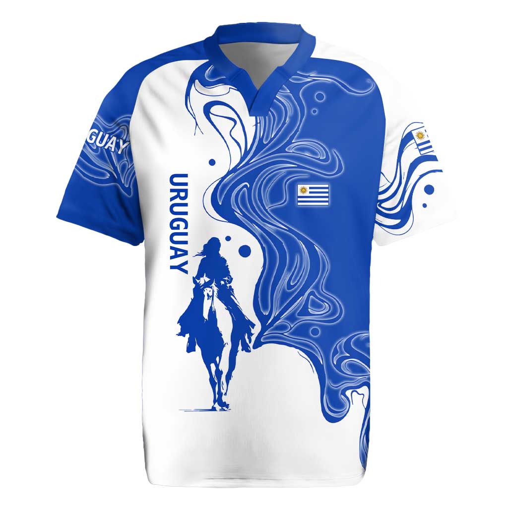 Uruguay Rugby Jersey with Gaucho Rider Illustration Blue White Swirl - Wonder Print Shop