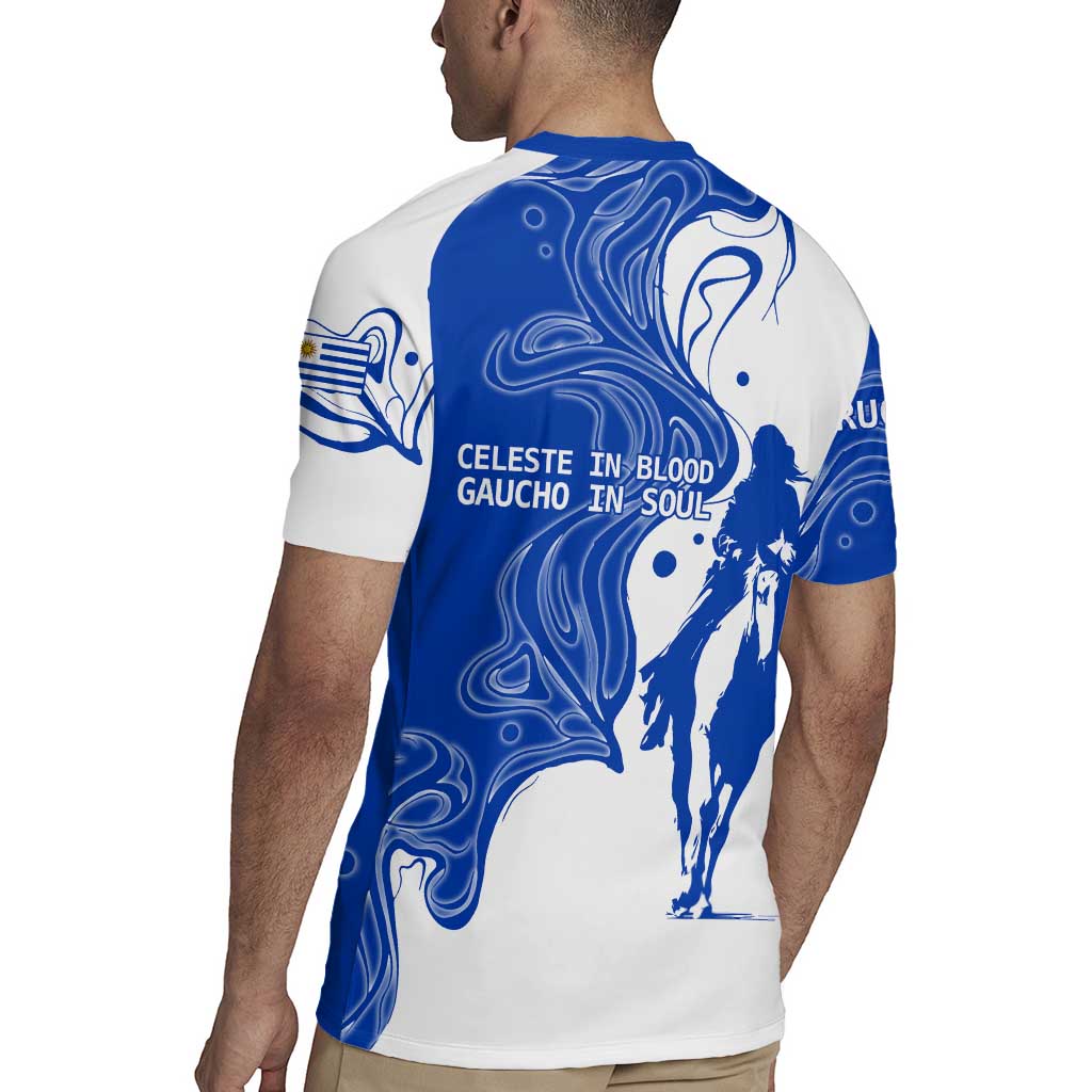 Uruguay Rugby Jersey with Gaucho Rider Illustration Blue White Swirl - Wonder Print Shop