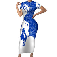 Uruguay Short Sleeve Bodycon Dress with Gaucho Rider Illustration Blue White Swirl - Wonder Print Shop