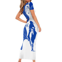 Uruguay Short Sleeve Bodycon Dress with Gaucho Rider Illustration Blue White Swirl - Wonder Print Shop