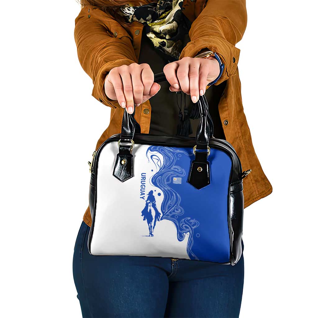 Uruguay Shoulder Handbag with Gaucho Rider Illustration Blue White Swirl - Wonder Print Shop
