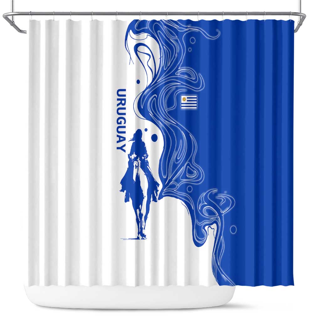 Uruguay Shower Curtain with Gaucho Rider Illustration Blue White Swirl - Wonder Print Shop