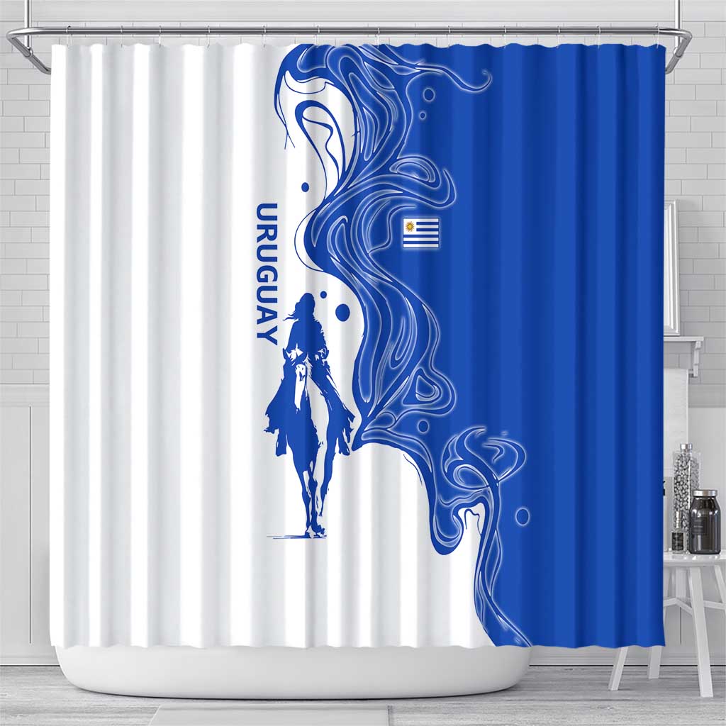 Uruguay Shower Curtain with Gaucho Rider Illustration Blue White Swirl - Wonder Print Shop