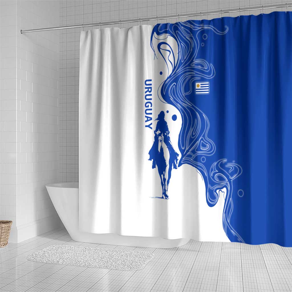 Uruguay Shower Curtain with Gaucho Rider Illustration Blue White Swirl - Wonder Print Shop
