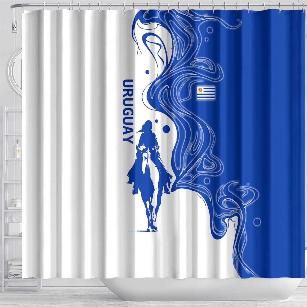 Uruguay Shower Curtain with Gaucho Rider Illustration Blue White Swirl - Wonder Print Shop