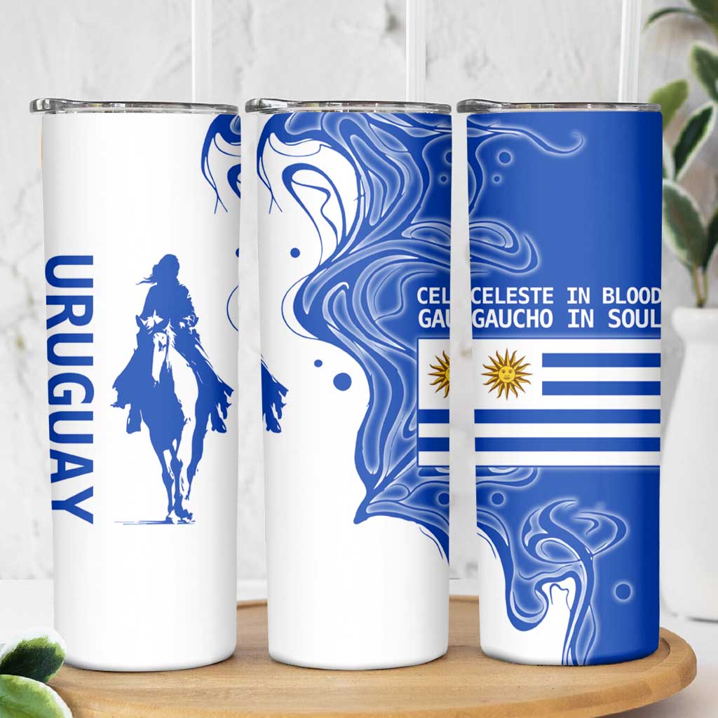Uruguay Skinny Tumbler with Gaucho Rider Illustration Blue White Swirl - Wonder Print Shop