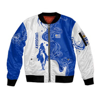 Uruguay Sleeve Zip Bomber Jacket with Gaucho Rider Illustration Blue White Swirl - Wonder Print Shop