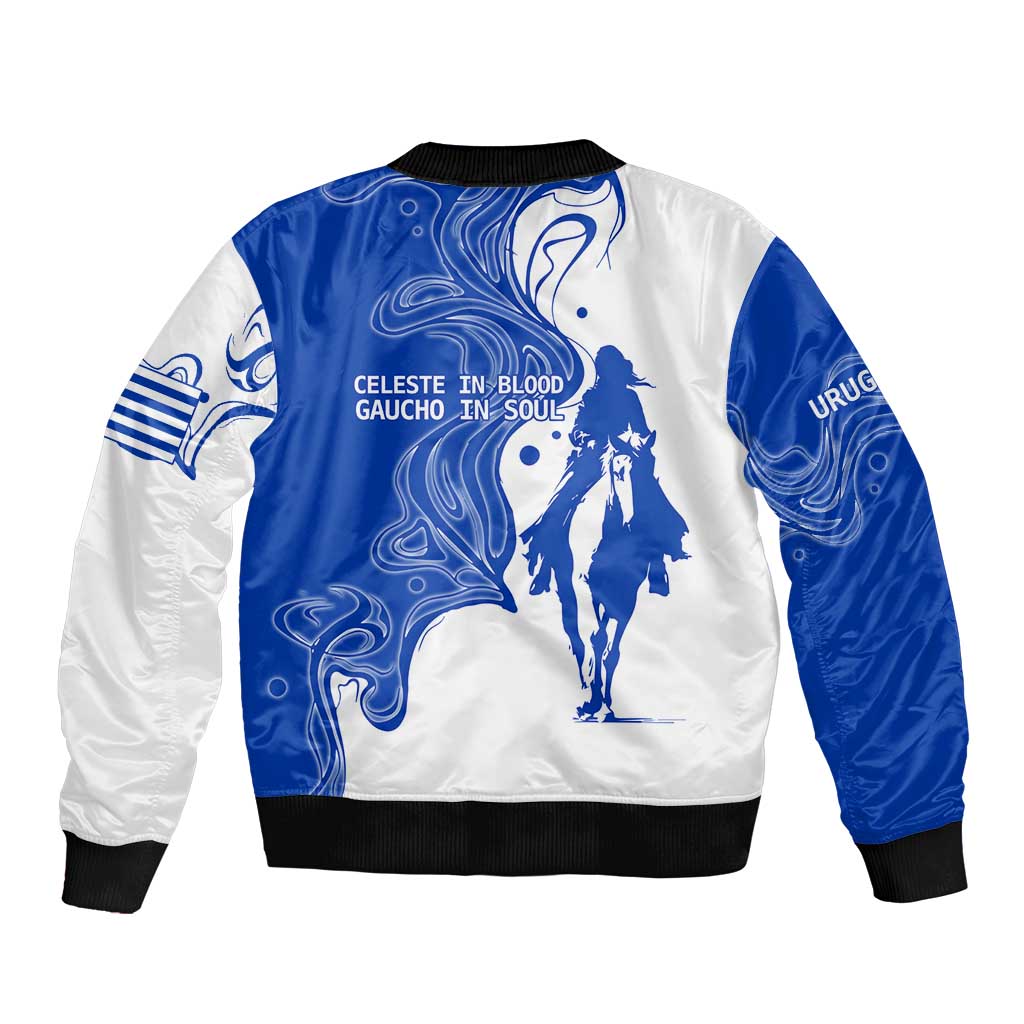 Uruguay Sleeve Zip Bomber Jacket with Gaucho Rider Illustration Blue White Swirl - Wonder Print Shop