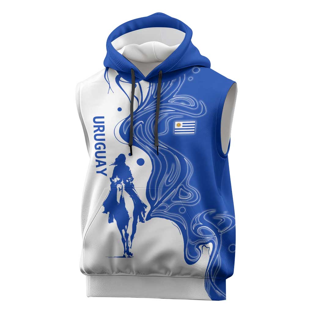 Uruguay Sleeveless Hoodie with Gaucho Rider Illustration Blue White Swirl - Wonder Print Shop