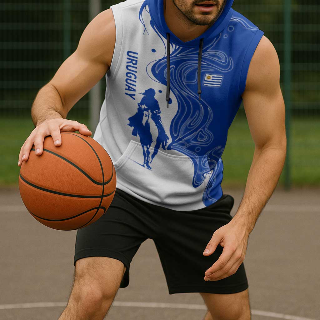Uruguay Sleeveless Hoodie with Gaucho Rider Illustration Blue White Swirl - Wonder Print Shop