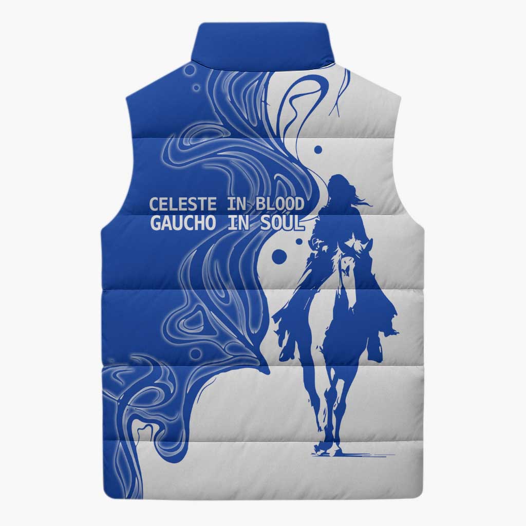 Uruguay Sleeveless Puffer Jacket with Gaucho Rider Illustration Blue White Swirl - Wonder Print Shop