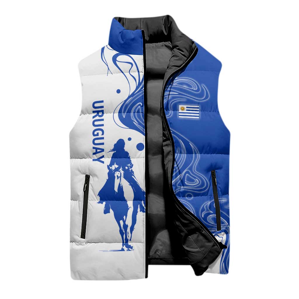 Uruguay Sleeveless Puffer Jacket with Gaucho Rider Illustration Blue White Swirl - Wonder Print Shop