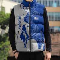 Uruguay Sleeveless Puffer Jacket with Gaucho Rider Illustration Blue White Swirl - Wonder Print Shop