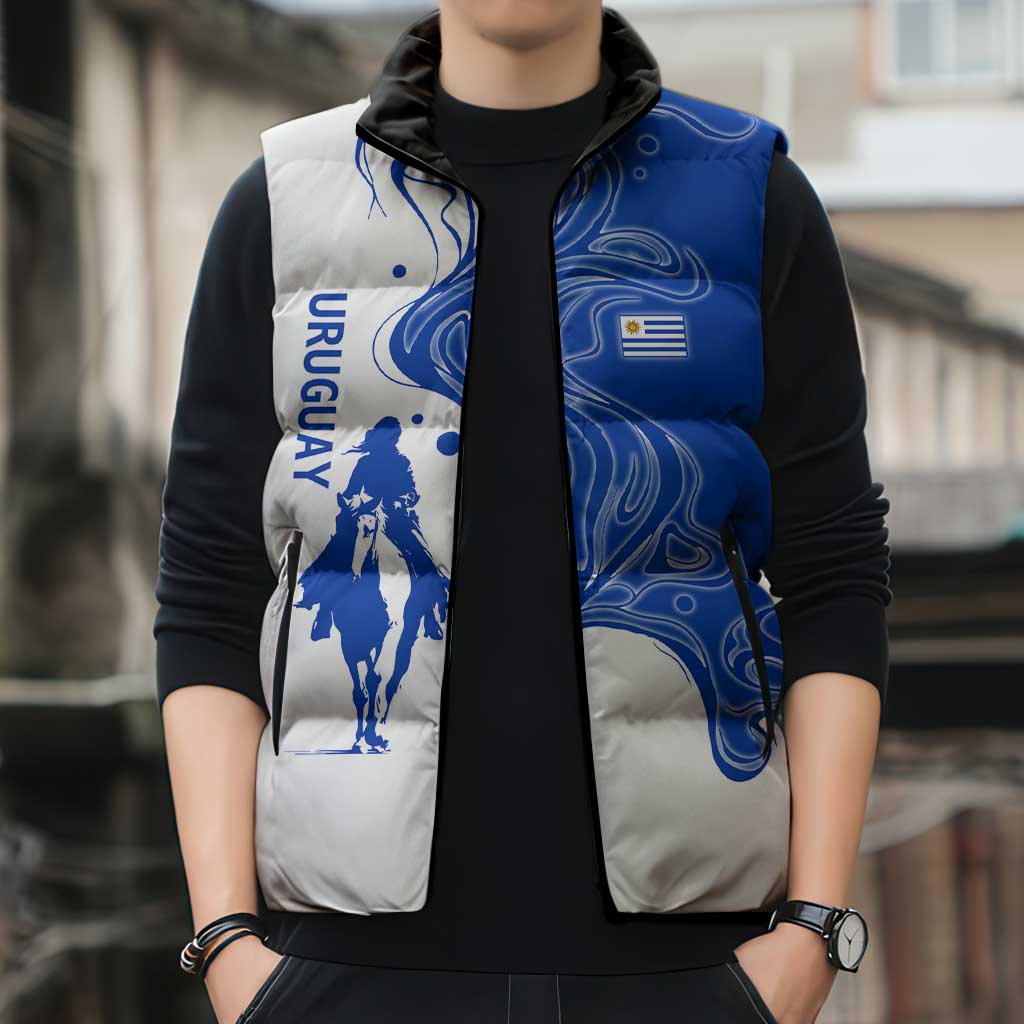 Uruguay Sleeveless Puffer Jacket with Gaucho Rider Illustration Blue White Swirl - Wonder Print Shop