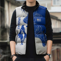 Uruguay Sleeveless Puffer Jacket with Gaucho Rider Illustration Blue White Swirl - Wonder Print Shop