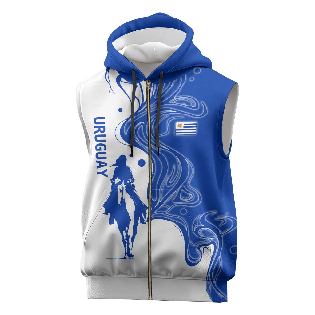 Uruguay Sleeveless Zip Hoodie with Gaucho Rider Illustration Blue White Swirl - Wonder Print Shop