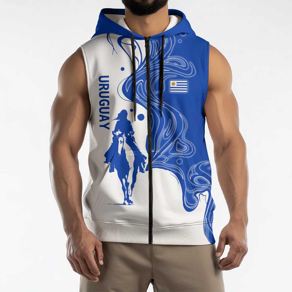 Uruguay Sleeveless Zip Hoodie with Gaucho Rider Illustration Blue White Swirl - Wonder Print Shop