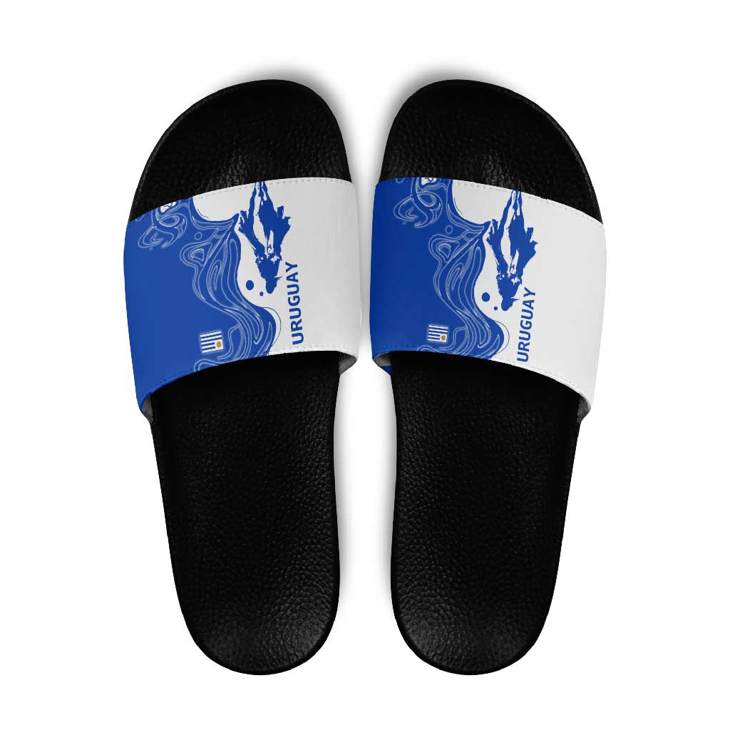 Uruguay Slide Sandals with Gaucho Rider Illustration Blue White Swirl - Wonder Print Shop