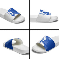 Uruguay Slide Sandals with Gaucho Rider Illustration Blue White Swirl - Wonder Print Shop