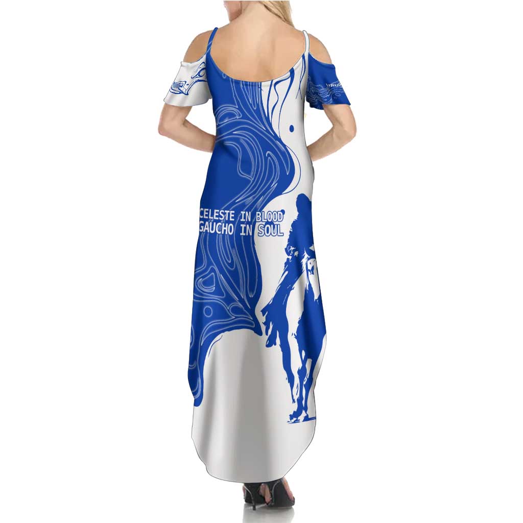Uruguay Summer Maxi Dress with Gaucho Rider Illustration Blue White Swirl - Wonder Print Shop