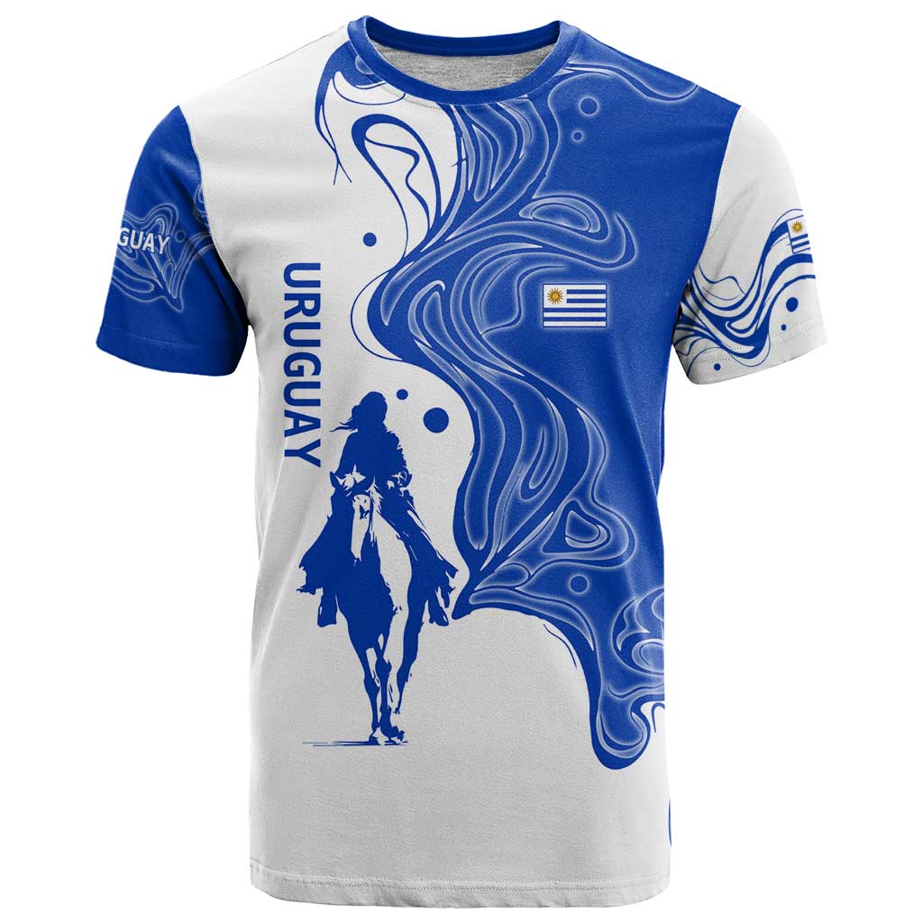 Uruguay T Shirt with Gaucho Rider Illustration Blue White Swirl - Wonder Print Shop