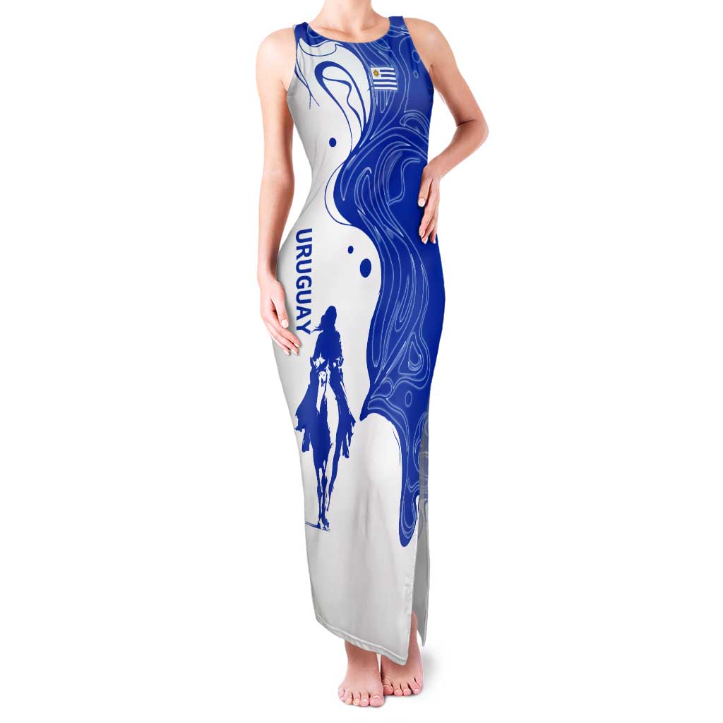 Uruguay Tank Maxi Dress with Gaucho Rider Illustration Blue White Swirl - Wonder Print Shop