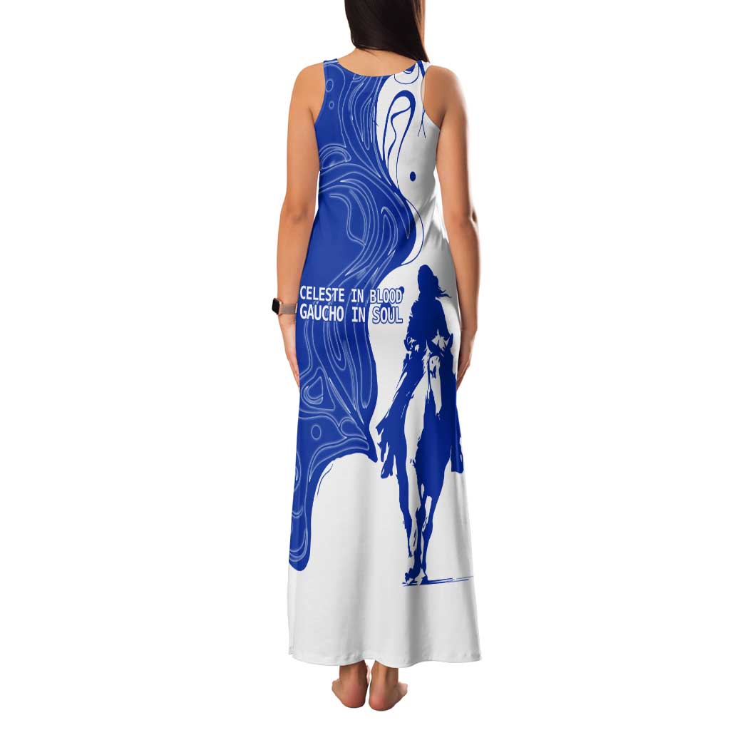 Uruguay Tank Maxi Dress with Gaucho Rider Illustration Blue White Swirl - Wonder Print Shop
