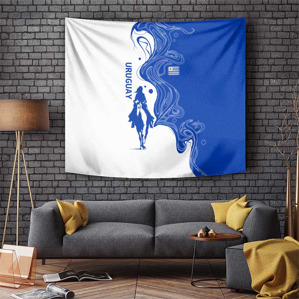 Uruguay Tapestry with Gaucho Rider Illustration Blue White Swirl - Wonder Print Shop