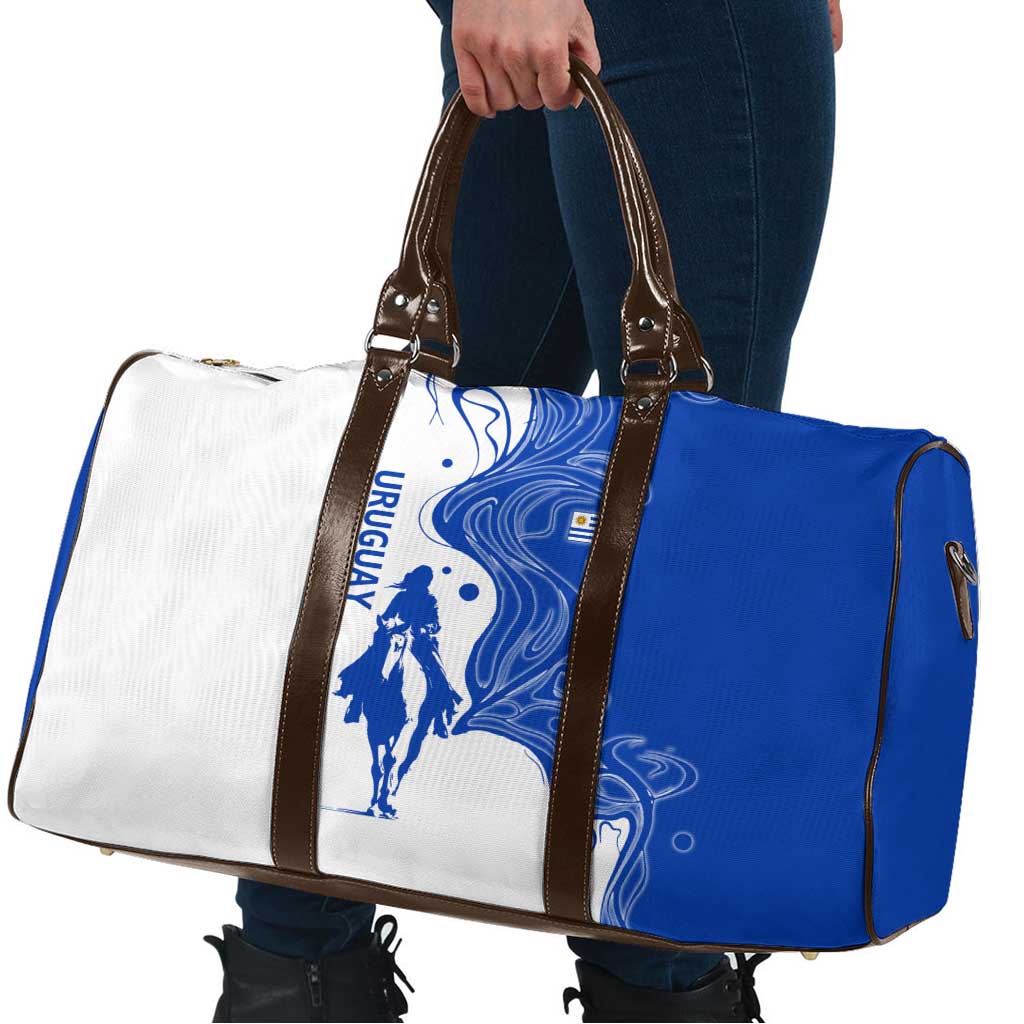 Uruguay Travel Bag with Gaucho Rider Illustration Blue White Swirl - Wonder Print Shop