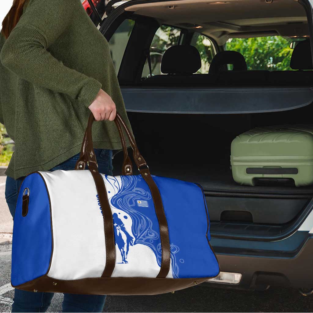 Uruguay Travel Bag with Gaucho Rider Illustration Blue White Swirl - Wonder Print Shop