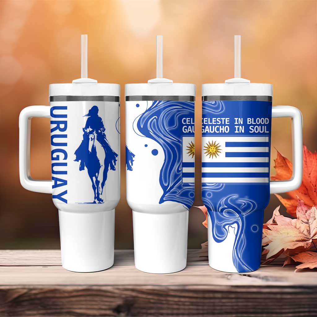 Uruguay Tumbler With Handle with Gaucho Rider Illustration Blue White Swirl - Wonder Print Shop