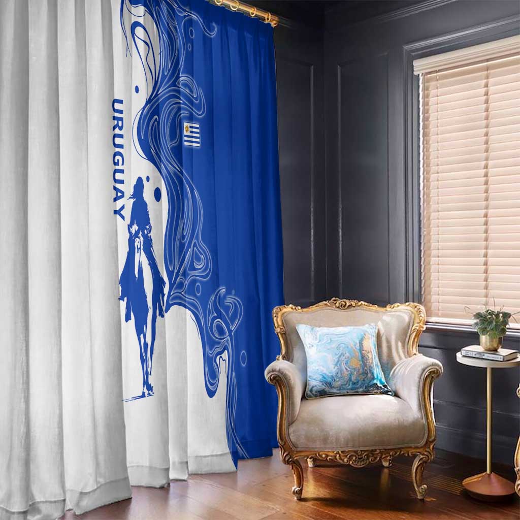 Uruguay Window Curtain with Gaucho Rider Illustration Blue White Swirl - Wonder Print Shop