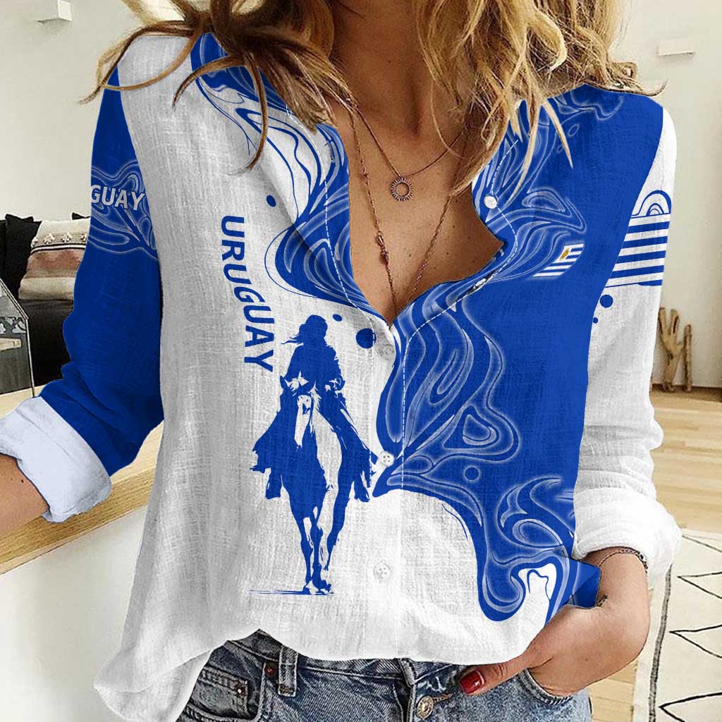 Uruguay Women Casual Shirt with Gaucho Rider Illustration Blue White Swirl - Wonder Print Shop