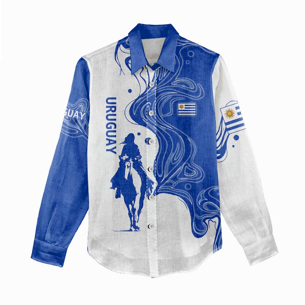 Uruguay Women Casual Shirt with Gaucho Rider Illustration Blue White Swirl - Wonder Print Shop