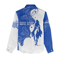 Uruguay Women Casual Shirt with Gaucho Rider Illustration Blue White Swirl - Wonder Print Shop