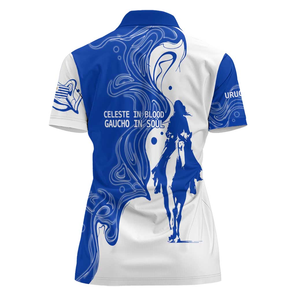 Uruguay Women Polo Shirt with Gaucho Rider Illustration Blue White Swirl - Wonder Print Shop