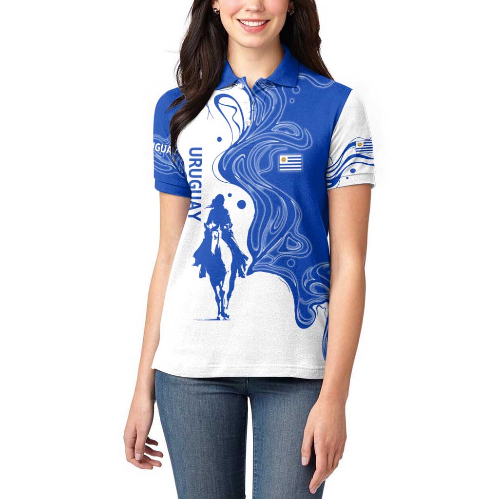 Uruguay Women Polo Shirt with Gaucho Rider Illustration Blue White Swirl - Wonder Print Shop