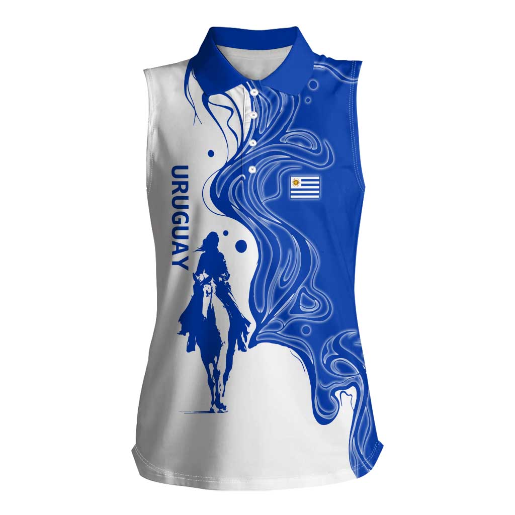 Uruguay Women Sleeveless Polo Shirt with Gaucho Rider Illustration Blue White Swirl - Wonder Print Shop