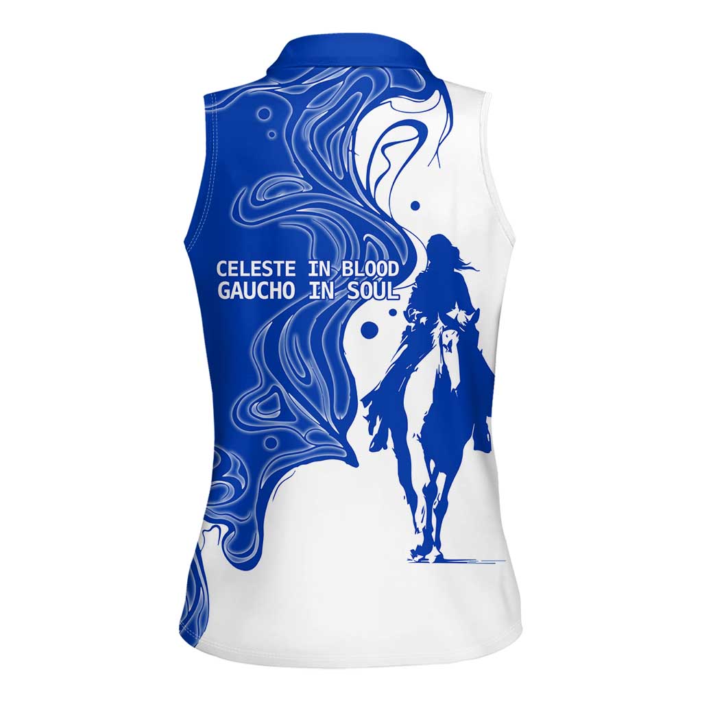Uruguay Women Sleeveless Polo Shirt with Gaucho Rider Illustration Blue White Swirl - Wonder Print Shop
