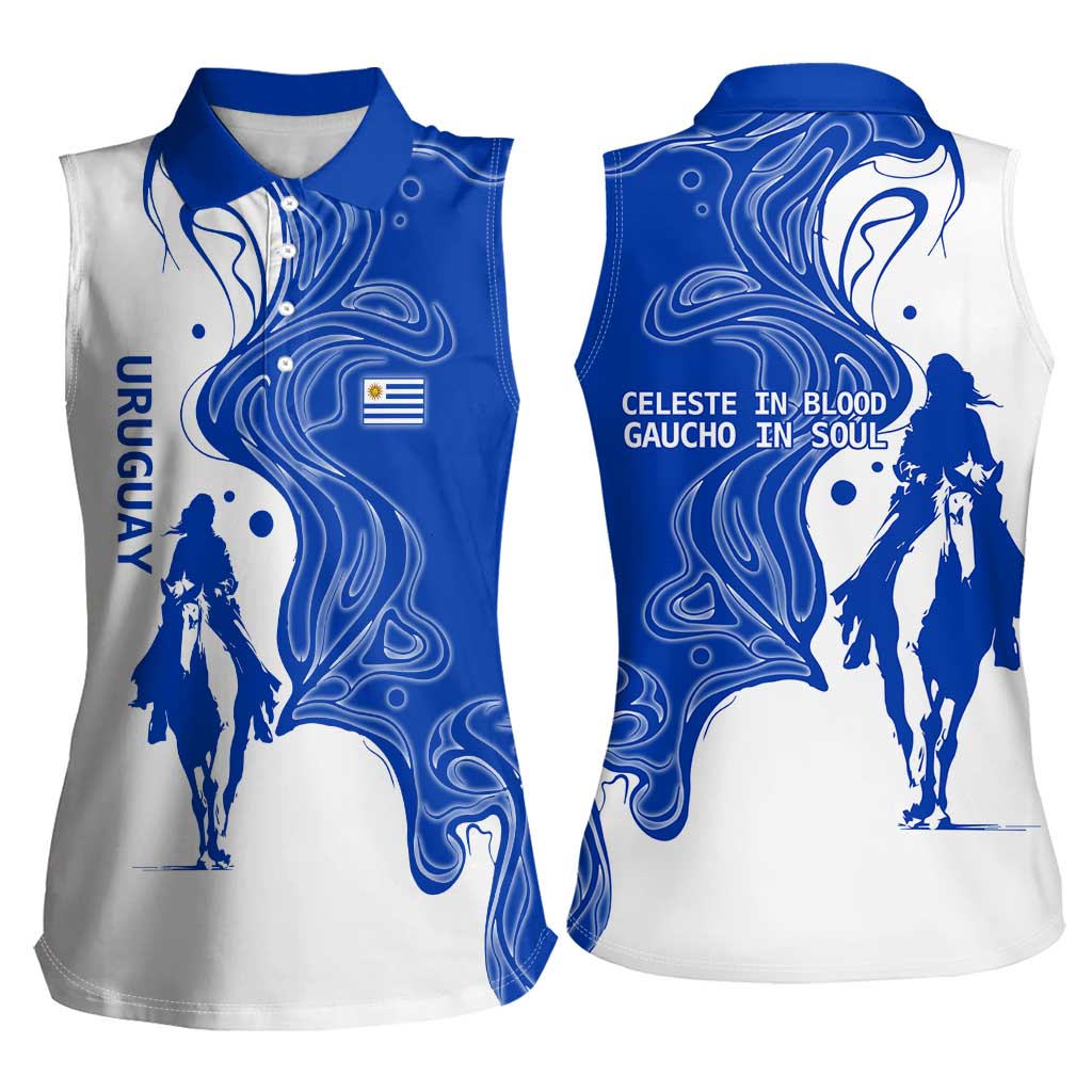 Uruguay Women Sleeveless Polo Shirt with Gaucho Rider Illustration Blue White Swirl - Wonder Print Shop