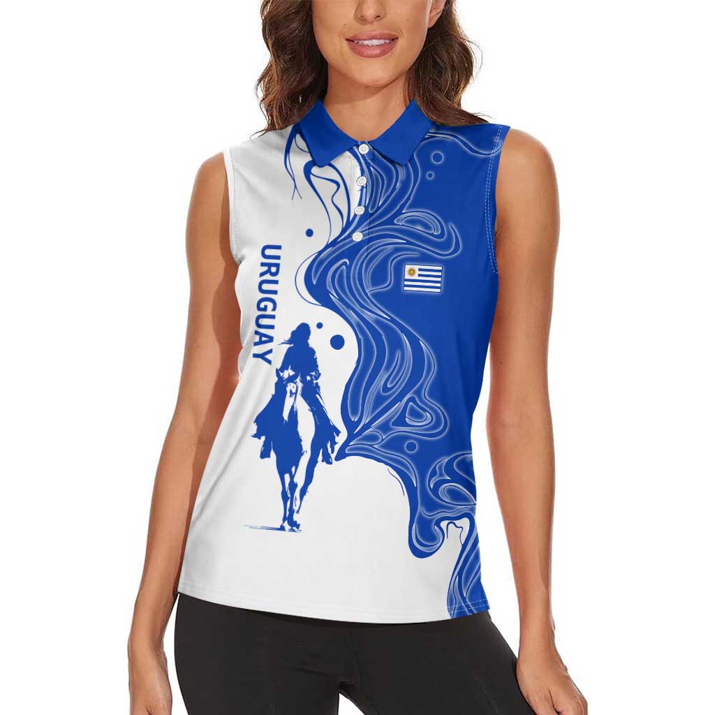 Uruguay Women Sleeveless Polo Shirt with Gaucho Rider Illustration Blue White Swirl - Wonder Print Shop