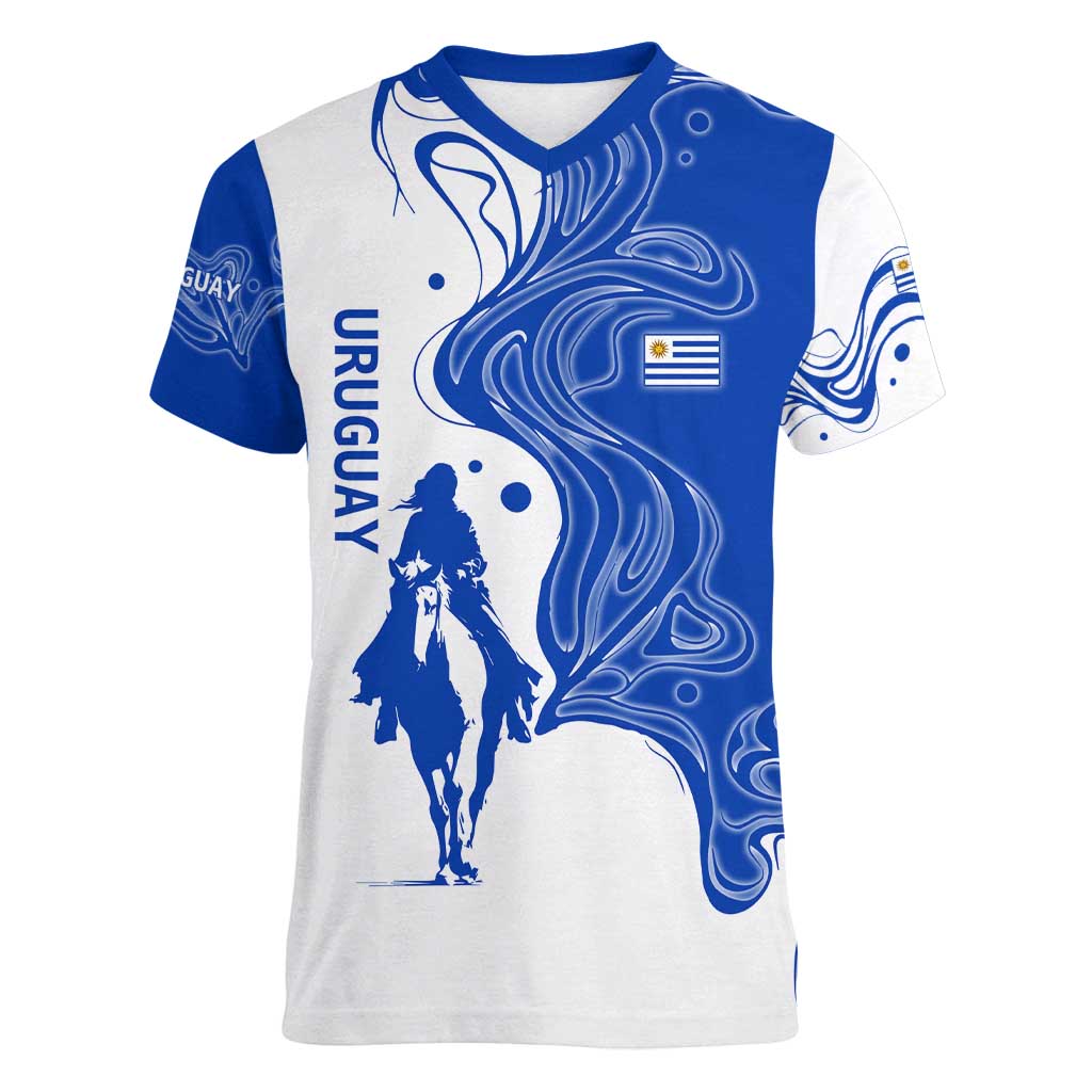 Uruguay Women V-Neck T-Shirt with Gaucho Rider Illustration Blue White Swirl - Wonder Print Shop
