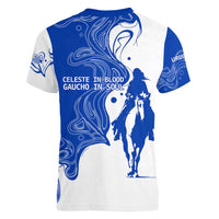 Uruguay Women V-Neck T-Shirt with Gaucho Rider Illustration Blue White Swirl - Wonder Print Shop