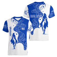 Uruguay Women V-Neck T-Shirt with Gaucho Rider Illustration Blue White Swirl - Wonder Print Shop