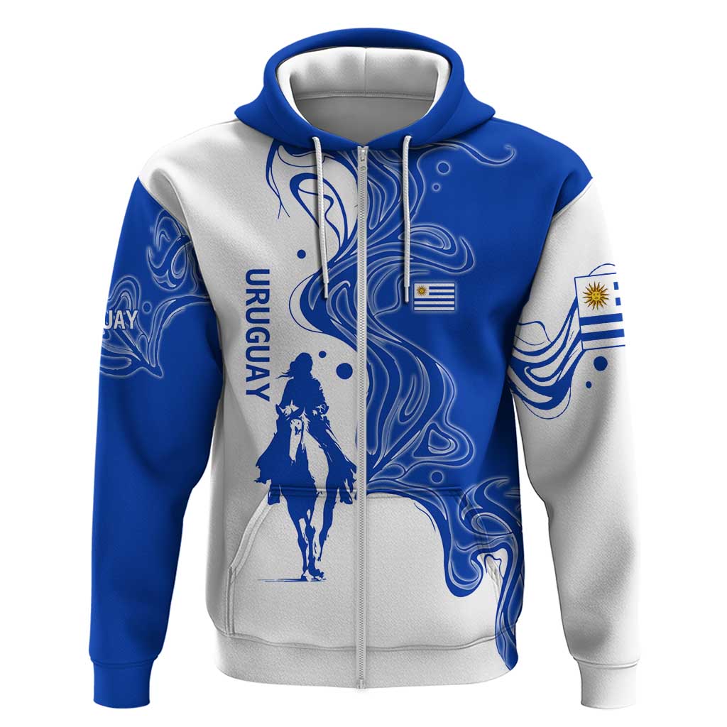 Uruguay Zip Hoodie with Gaucho Rider Illustration Blue White Swirl - Wonder Print Shop