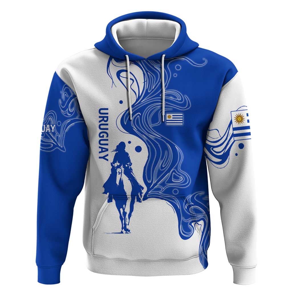 Uruguay Zip Hoodie with Gaucho Rider Illustration Blue White Swirl - Wonder Print Shop