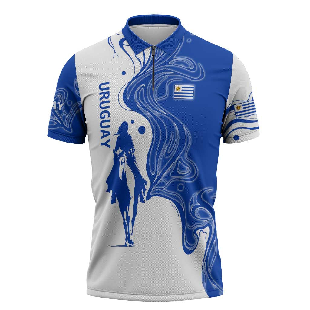 Uruguay Zipper Polo Shirt with Gaucho Rider Illustration Blue White Swirl - Wonder Print Shop